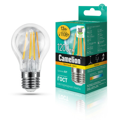 Светодиод. лампа A60 13Вт Е27 830 филам.Camelion