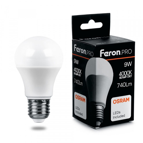 Лампа светодиодная A60 9Вт Е27 4000К LB-1009 Ферон OSRAM