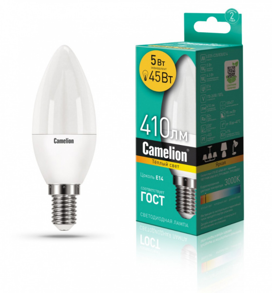 Светодиод. лампа C35 5Вт Е14 830 Camelion