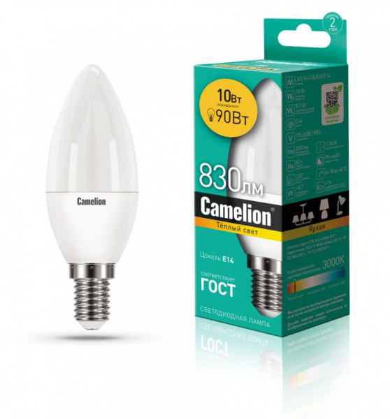 Светодиод. лампа C35 10Вт Е14 830 Camelion
