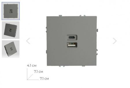 Розетка 2-местная USB + Type C (механизм), 250В, 20W, серия Эмили, RST10-5115-10, платиново-серый