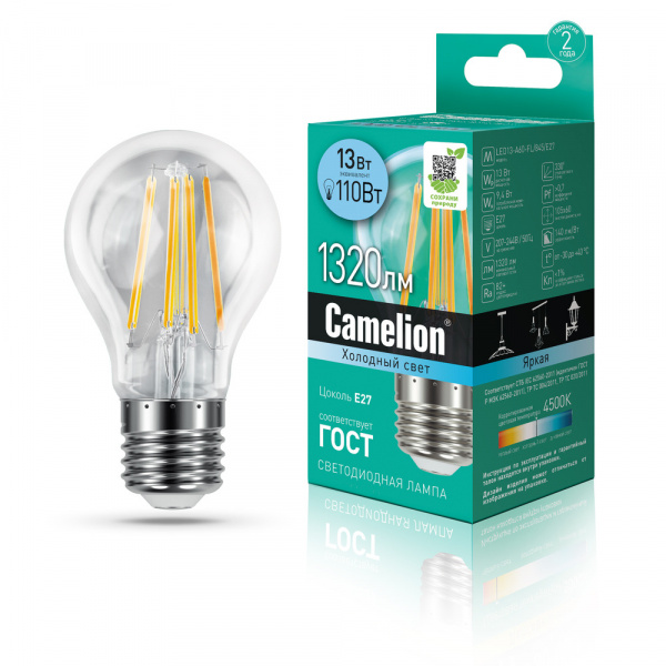 Светодиод. лампа A60 13Вт Е27 845 филам.Camelion
