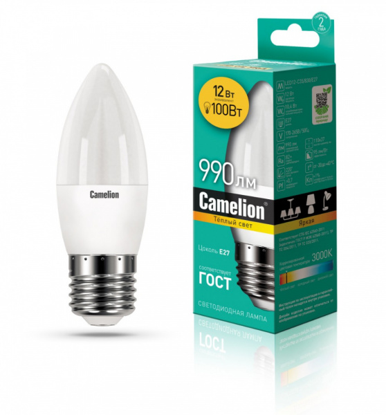 Светодиод. лампа C35 12Вт Е27 830 Camelion